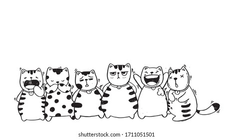 Set of cat cartoon character with different emotion vector doodles style.