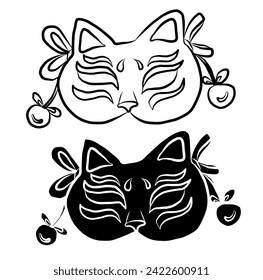Set of Cat cartoon for printing on sticker.Cat vector illustration for coloring book on white isolated background.Cute clipart.Character for elements on white background.japanese culture of mask.