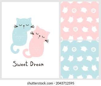 Set of cat cartoons, pawprints on blue and pink background. Sleeping cats with hand written font isolated on white background vector illustration.
