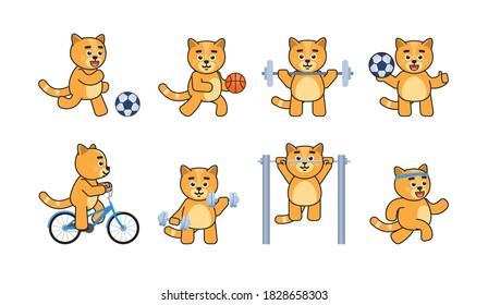 Set of cat characters doing various sports. Cute cat mascot playing football, basketball, riding bike, running and showing other actions. Vector illustration bundle