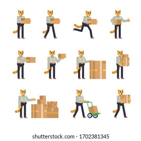 Set of cat characters in grey shirt posing with parcel box. Cheerful cat walking, running with box and showing other actions. Flat design vector illustration