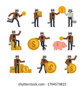 Set of cat characters posing with golden coins. Cheerful cat holding big golden coin and showing other actions. Flat design vector illustration