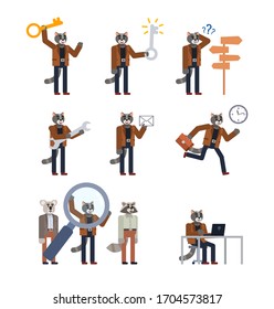 Set of cat characters showing various actions. Cheerful cat holding big key, standing at crossroads, running and showing other actions. Flat design vector illustration