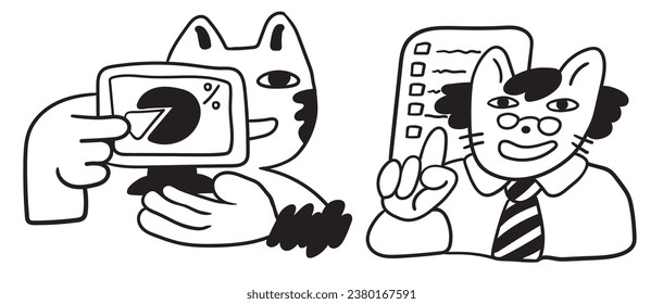 set of cat characters in vector. business icon in doodle style. linear illustration infographics. Template for logo sticker poster icon app website. Business icon series