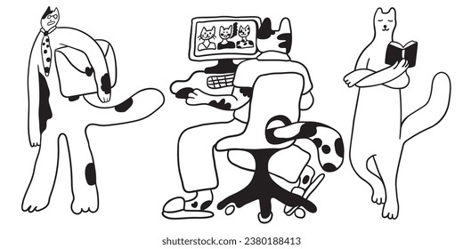 set of cat characters in vector. business icon in doodle style. linear illustration infographics. Template for logo sticker poster icon app website. Business icon series