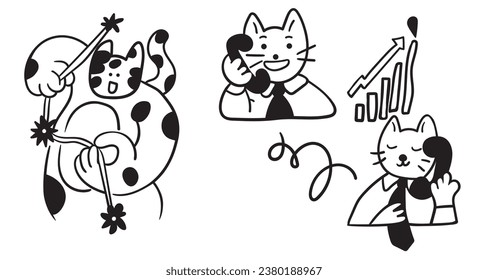 conjunto de caracteres de gato en vector. icono comercial en estilo doodle. infografías de ilustraciones lineales. Plantilla para el sitio web de la aplicación de iconos de la pegatina del logotipo. Serie de iconos de negocios