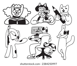 set of cat characters in vector. business icon in doodle style. linear illustration infographics. Template for logo sticker poster icon app website. Business icon series