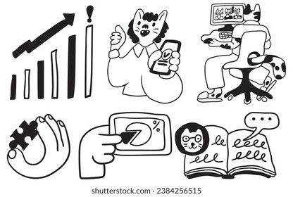 set of cat characters in vector. business icon in doodle style. linear illustration infographics. Template for logo sticker poster icon app website. Business icon series