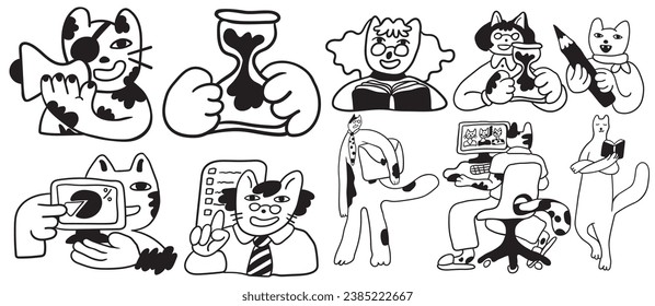set of cat characters in vector. business icon in doodle style. linear illustration infographics. Template for logo sticker poster icon app website. Business icon series