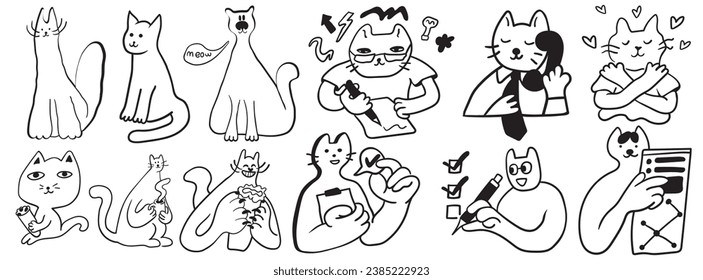set of cat characters in vector. business icon in doodle style. linear illustration infographics. Template for logo sticker poster icon app website. Business icon series
