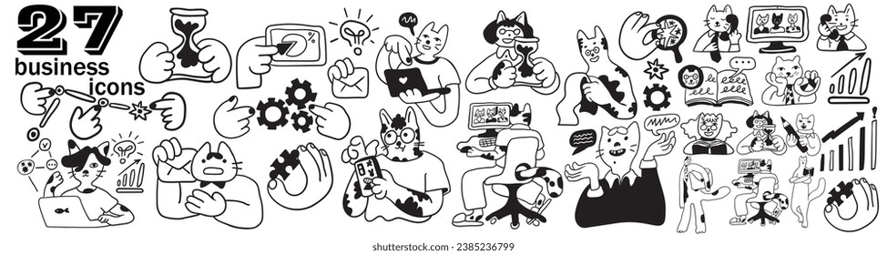 set of cat characters in vector. business icon in doodle style. linear illustration infographics. Template for logo sticker poster icon app website. Business icon series