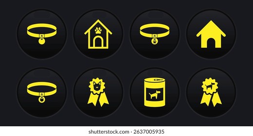 Set Cat collar, Dog house, award symbol, Canned food for dog, Collar with name tag and and paw print pet icon. Vector