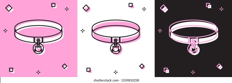 Set Cat collar with name tag icon isolated on pink and white, black background. Simple supplies for domestic animal. Cat and dog care. Pet cat chains.  Vector Illustration