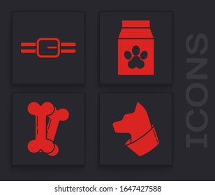 Set Cat, Collar with name tag, Bag of food for pet and Dog bone icon. Vector