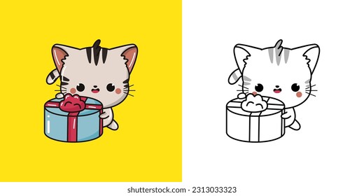 Set Cat Coloring Page and Colored Illustration. Clip Art Kawaii Kitten. Vector Illustration of a Kawaii Animal for Coloring Pages, Prints for Clothes, Stickers, Baby Shower.
