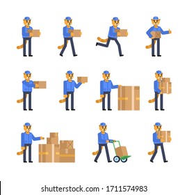 Set of cat courier characters with parcel box showing various actions. Minimal design vector illustration