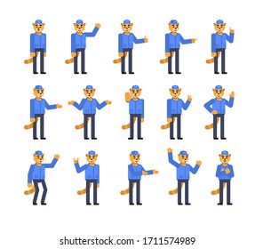 Set of cat courier characters showing various hand gestures. Cat postman pointing, greeting, showing thumb up, victory sign and other gestures. Minimal design vector illustration