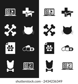 Set Cat, Crossed bones, Clinical record cat laptop, Veterinary clinic, Medical certificate for dog and Dog and pills icon. Vector