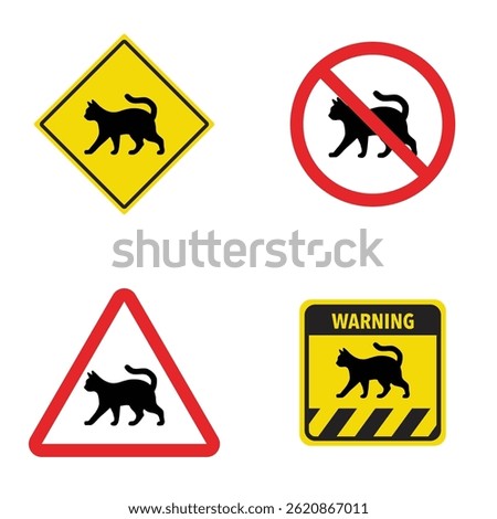Set of cat crossing traffic sign. Vector illustration of yellow triangle warning sign and white cirle warning sign with cat icon inside.