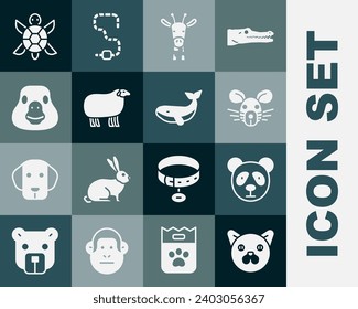Set Cat, Cute panda face, Rat head, Giraffe, Sheep, Goose bird, Turtle and Whale icon. Vector