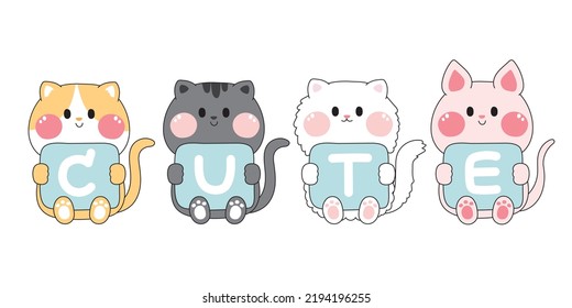 Set Of Cat With Cute Write On Blue Paper Cartoon.Animal Character Design.Kid Graphic.Isolated.Meow.Kawaii.Vector.Illustration.