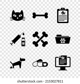 Stellen Sie Katze, Hundeknochen, klinische Aufzeichnungen Haustier, Pillen und Pillen und überwachen Symbol. Vektorgrafik