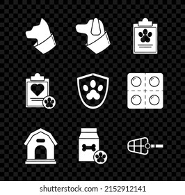 Set Cat, Dog, Clipboard With Medical Clinical Record Pet, House, Bag Of Food For, Muzzle,  And Animal Health Insurance Icon. Vector