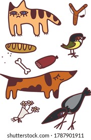 Set with cat, dog, crow and tit. Vector illustation.
