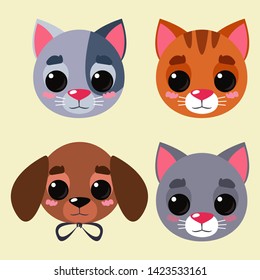 Set of cat and dog heads. Kids pets. Logo for a veterinary clinic. Vector illustration in cartoon style.