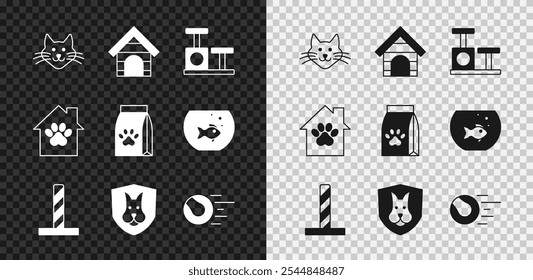 Set Cat, Dog house, scratching post with toy, Animal health insurance, Pet toys ball,  and Bag of food for pet icon. Vector