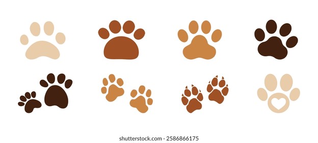 Set of cat or dog paw icon. Paw icon. Dog, cat paw icon. Zoo, vet logo element. Paw print vector symbol. Vector illustration isolated on white background