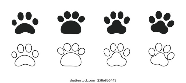 Set of Cat or dog paw icon. Paw icon. Dog, cat paw icon. Zoo, vet logo element. Paw print vector symbol. Vector illustration isolated on white background