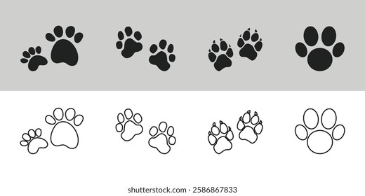 Set of Cat or dog paw icon. Paw icon. Dog, cat paw icon. Zoo, vet logo element. Paw print vector symbol. Vector illustration flat design isolated on white background