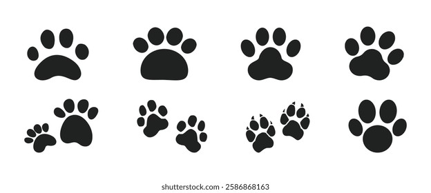 Set of Cat or dog paw icon. Paw icon. Dog, cat paw icon. Zoo, vet logo element. Paw print vector symbol. Vector illustration flat design isolated on white background