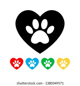 Set Cat And Dog Paw Print Inside Heart. The Dog's Track In The Heart.