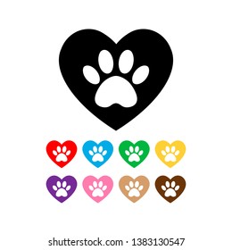 set cat and dog paw print inside heart. The dog's track in the heart.