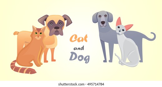 Set cat and dog together cartoon vector characters. Best friend happy pets.