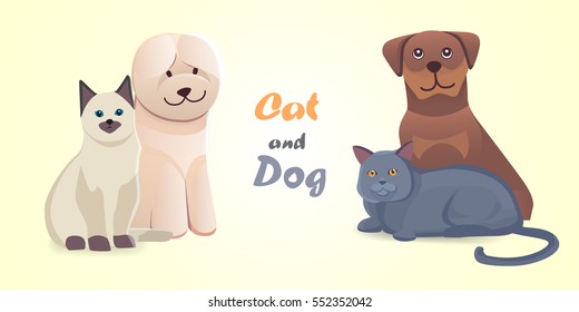 Set cat and dog together cartoon vector characters. Best friend happy pets. Fanny home animals lovely isolated illustration