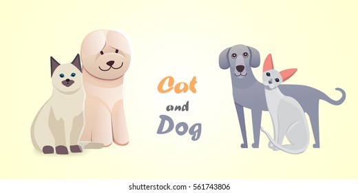 Set cat and dog together cartoon vector characters. Best friend happy pets. Fanny home animals lovely isolated illustration