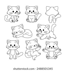 Conjunto de colección de garabato de gato, dibujo de contorno de gato para colorear página o libro de animales para el jardín de infantes, línea de Vector conjunto de animales de la fauna, dibujado a mano, garabato de línea de gato minimalista en diferente pose.