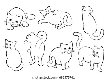 Set Of Cat Drawings In Different Moods. Vector Illustration.