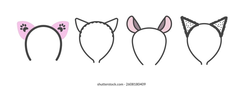 Set of cat ears headband. Animal carnival costume for children head. vector illustration