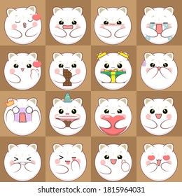 set of cat emoticons with cute expressions like laughing, smiling, crying, eating chocolate, giving gifts etc.