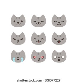 Set Of Cat Emoticons In Simple And Cute Cartoon Style.