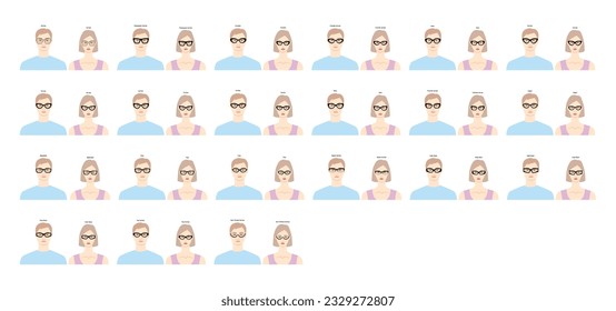 Set of Cat Eye glasses frames glasses on women and men flat character fashion accessory illustration. Sunglass front view silhouette style, rim spectacles eyeglasses with lens sketch style outline