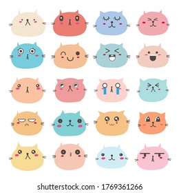 Set of cat face emoticons, Cute cat character design. Vector illustration.