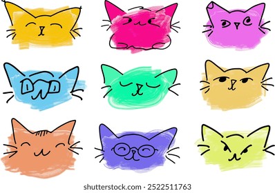 Set of cat face icon pet. Collection of cartoon cats peeking. Funny peeking pets. Current paint, stains. Current inks. Vector illustration. Isolated on white background.