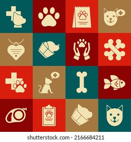 Set Cat, Fish, Crossed bones, Bag of food for dog, Veterinary clinic symbol, Collar with name tag and heart,  and Hands animals footprint icon. Vector