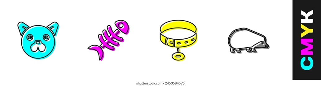 Set Cat, Fish skeleton, Collar with name tag and Hedgehog icon. Vector