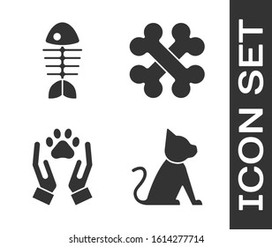 Set Cat, Fish skeleton, Hands with animals footprint and Crossed bones icon. Vector
